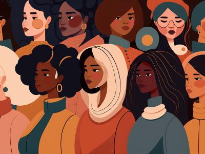 Illustration af divers gruppe af kvinder. Der er mange forskellige etniciteter og udseender repræsenteret.
