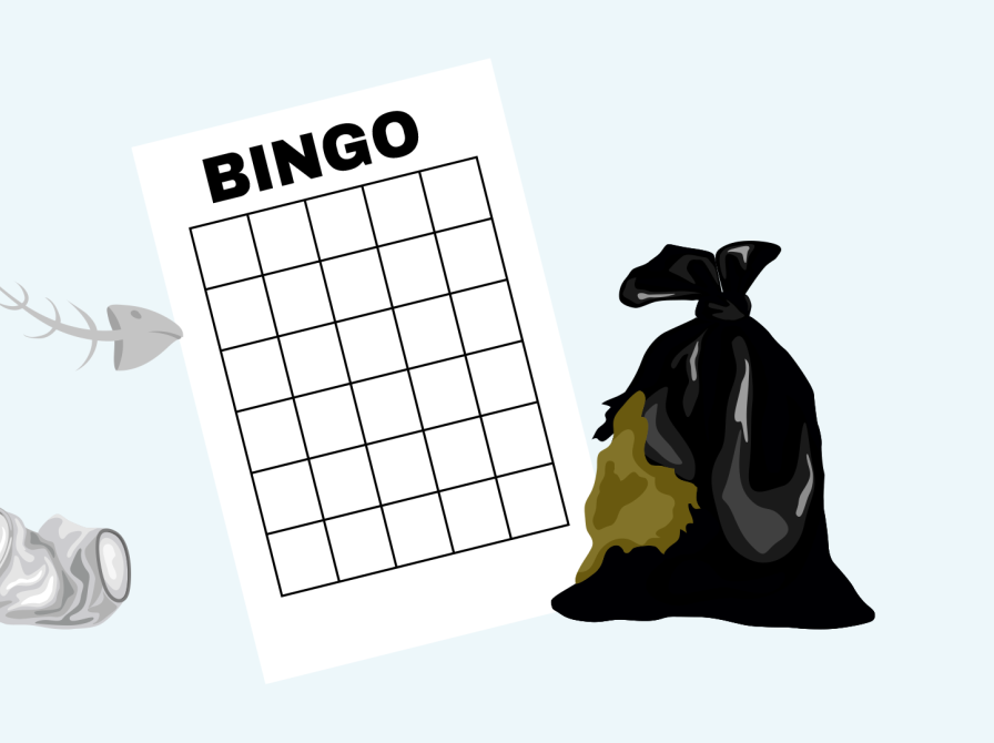 Grafik med bingoplade, affaldspose, fiskeskrog og en krøllet dåse.